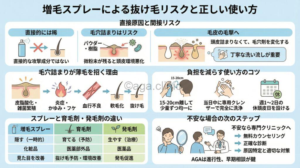 「増毛スプレーはハゲる?薄毛がさらに進行してしまう危険性があるのか解説」というタイトル記事を要約した当サイトのオリジナル解説イラスト