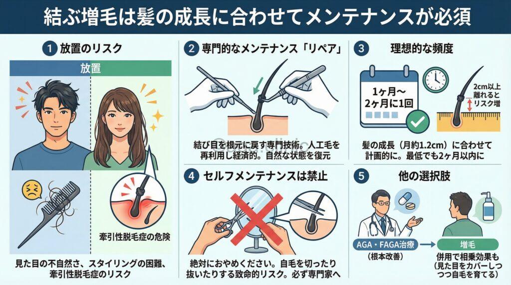 「結ぶ増毛（TZK）が伸びたらどうメンテナンスすれば良い？結び目はバレる？」というタイトル記事を要約した当サイトのオリジナル解説イラスト