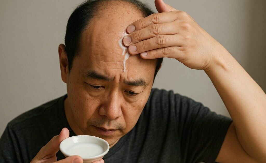 牛乳焼酎を頭皮に塗っている様子