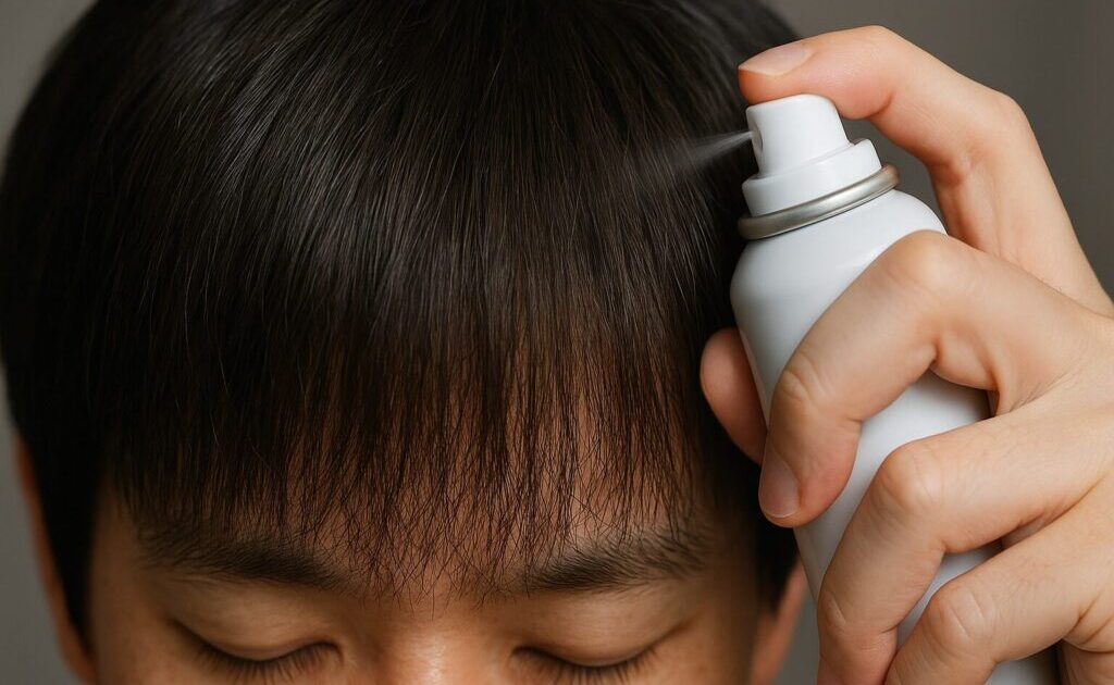 前髪に育毛剤を使用している様子