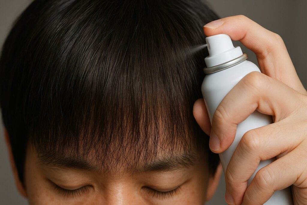 前髪に育毛剤を使用している様子