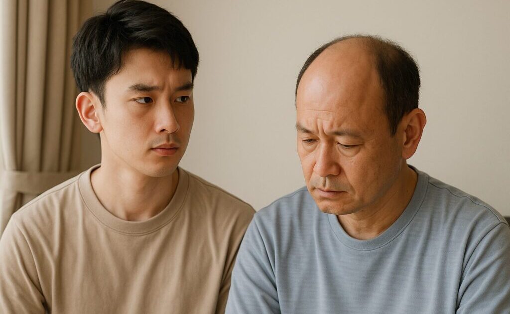 ハゲていない息子がハゲている父親を見ている様子