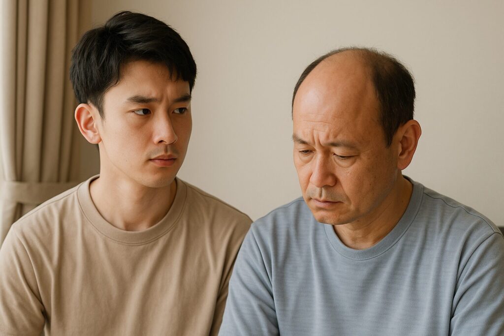 ハゲていない息子がハゲている父親を見ている様子