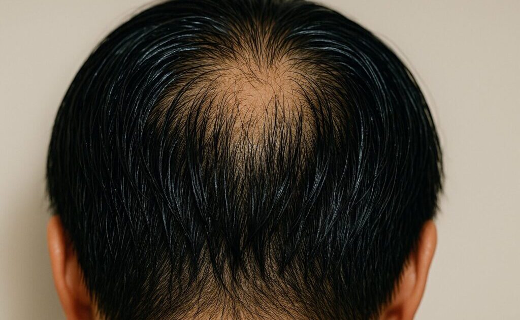 育毛剤によって髪がベタついている様子