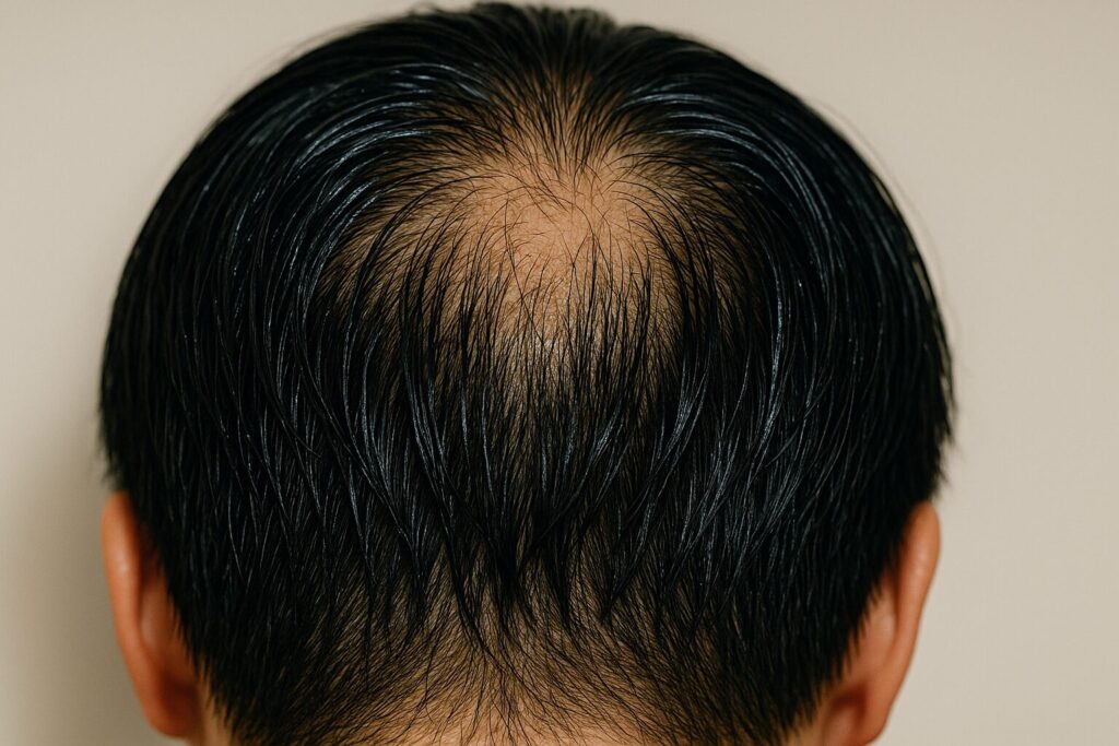 育毛剤によって髪がベタついている様子