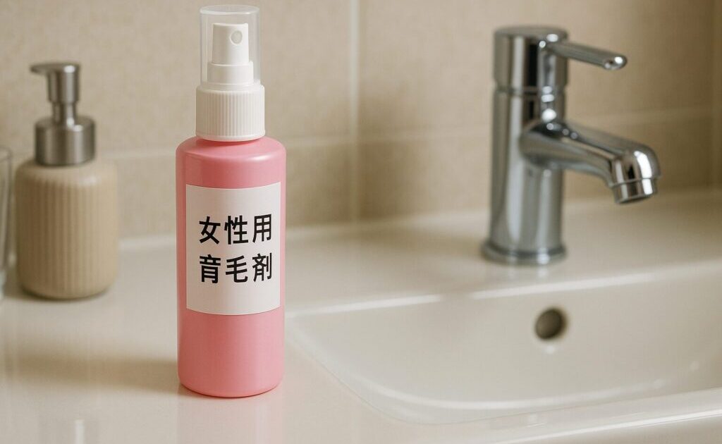 洗面台に置かれている女性用育毛剤