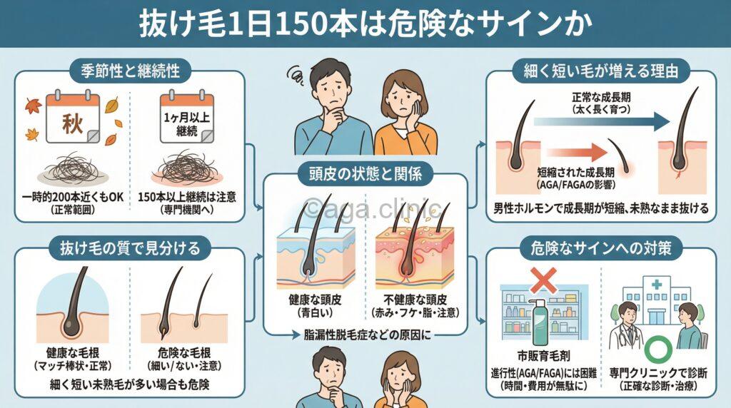 「抜け毛が1日150本…何本から危ない?5つのチェックポイントと対策」というタイトル記事を要約した当サイトのオリジナル解説イラスト