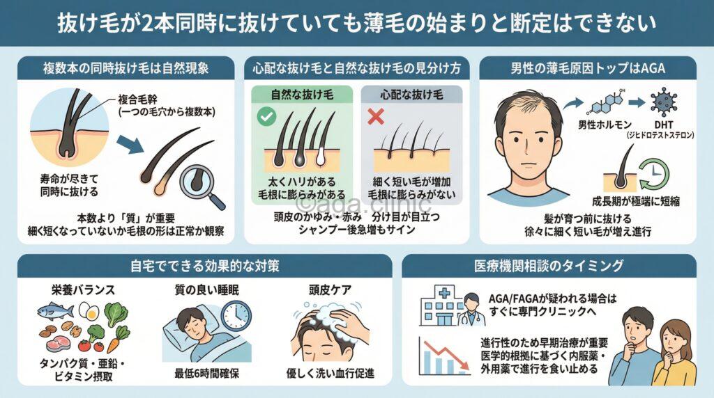 「抜け毛が2本同時は薄毛の兆候?見分ける7つのポイントと対策方法」というタイトル記事を要約した当サイトのオリジナル解説イラスト