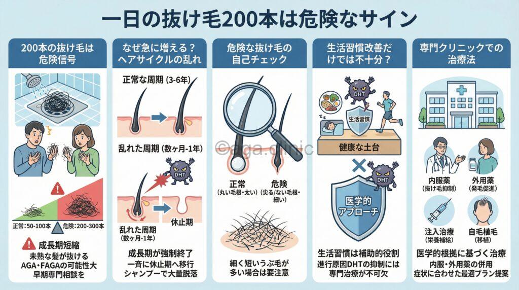 「抜け毛が一日200本〜300本は多い？主な原因と対策を徹底解説」というタイトル記事を要約した当サイトのオリジナル解説イラスト