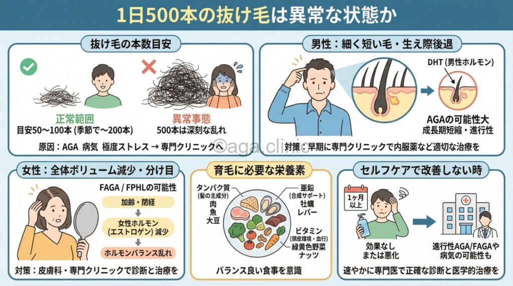 「抜け毛が1日500本は多い？考えられる原因や対策方法を徹底解説」というタイトル記事を要約した当サイトのオリジナル解説イラスト