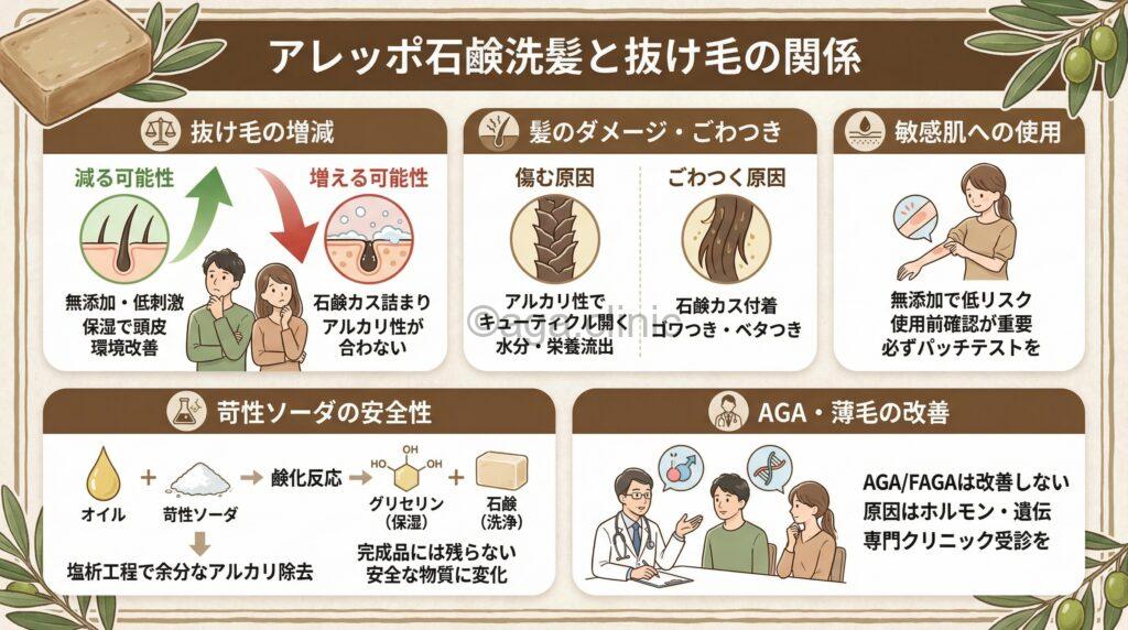 「アレッポの石鹸で洗髪すると抜け毛は減る？増える？AGAの関係性」というタイトル記事を要約した当サイトのオリジナル解説イラスト