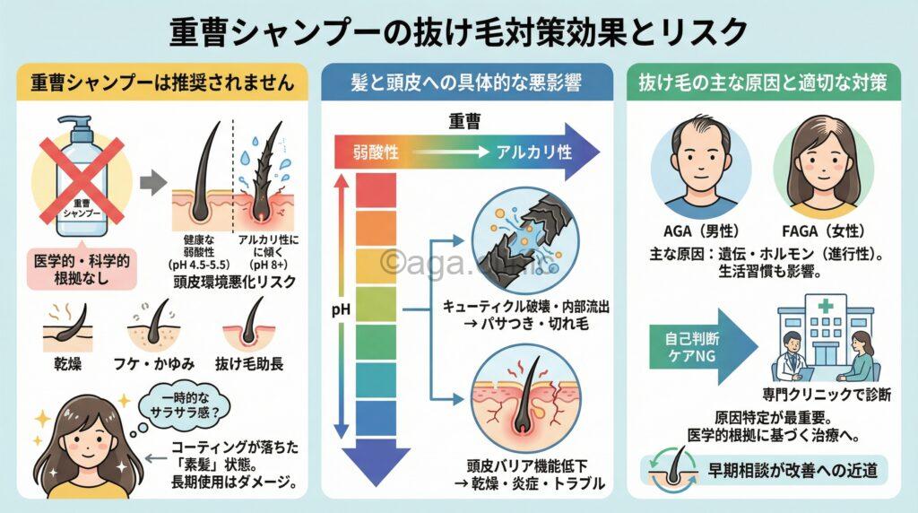 「重曹シャンプーすると抜け毛は減る?メリットとデメリットを解説」というタイトル記事を要約した当サイトのオリジナル解説イラスト