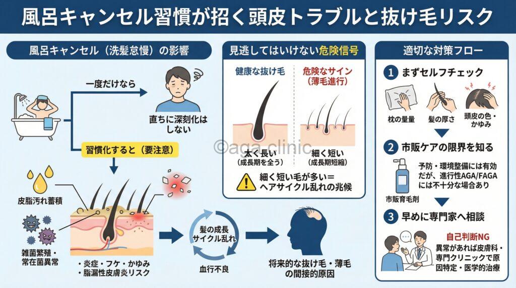 「風呂キャンで抜け毛が増える?風呂キャンセル界隈が気を付けるべき点」というタイトル記事を要約した当サイトのオリジナル解説イラスト