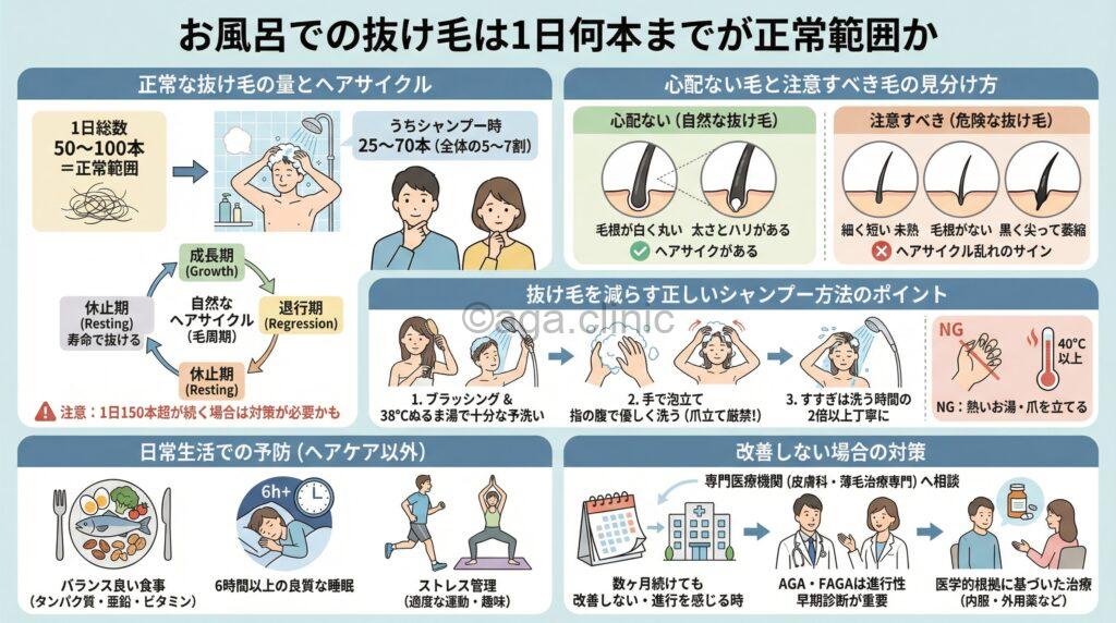 「お風呂の排水溝の抜け毛がやばい…1日平均100本の本数は危険信号？」というタイトル記事を要約した当サイトのオリジナル解説イラスト