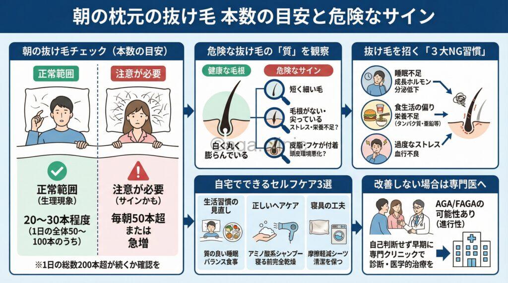 「起きた後のベッドシーツ上の抜け毛が多い…何本までなら大丈夫?」というタイトル記事を要約した当サイトのオリジナル解説イラスト