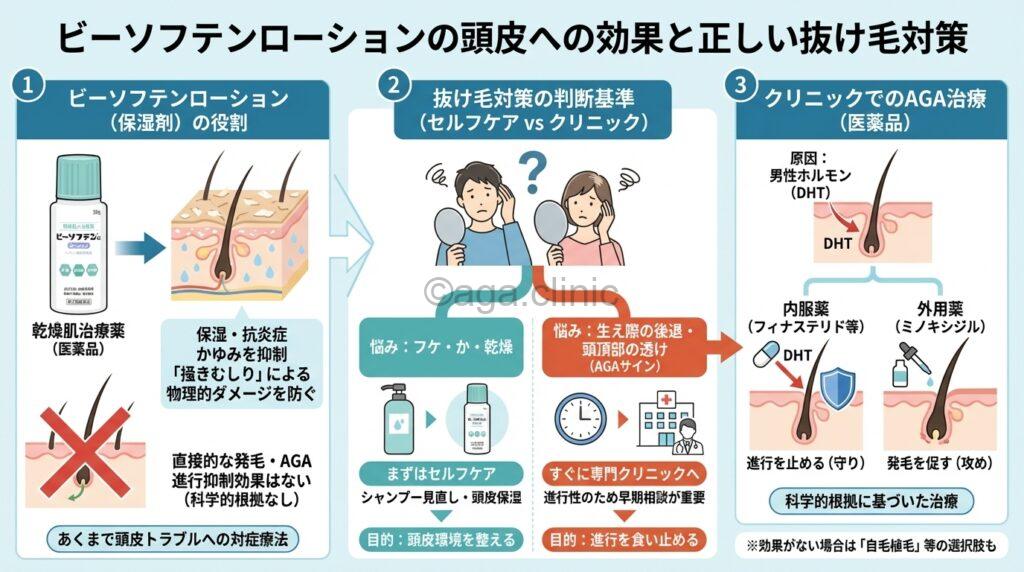 「ビーソフテンローションで抜け毛は減る?頭皮の乾燥対策とAGA治療の違い」というタイトル記事を要約した当サイトのオリジナル解説イラスト