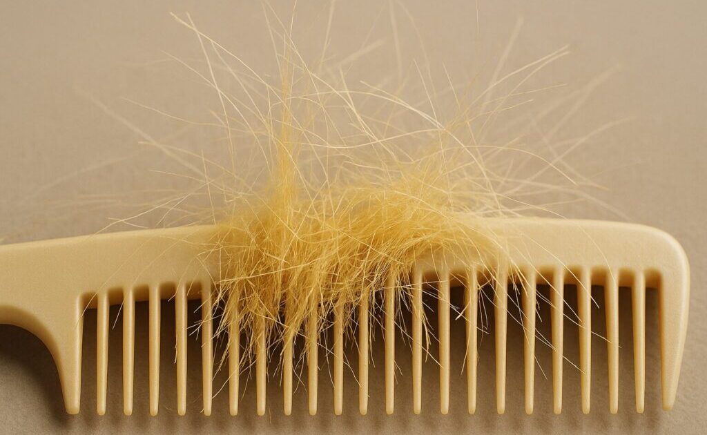 ブリーチした髪の毛が櫛にたくさん引っかかっている様子