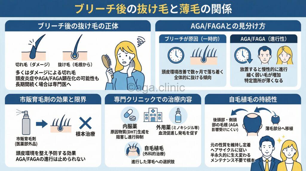 「ブリーチしたら抜け毛がやばい…正しいケア対策とAGAの可能性も」というタイトル記事を要約した当サイトのオリジナル解説イラスト