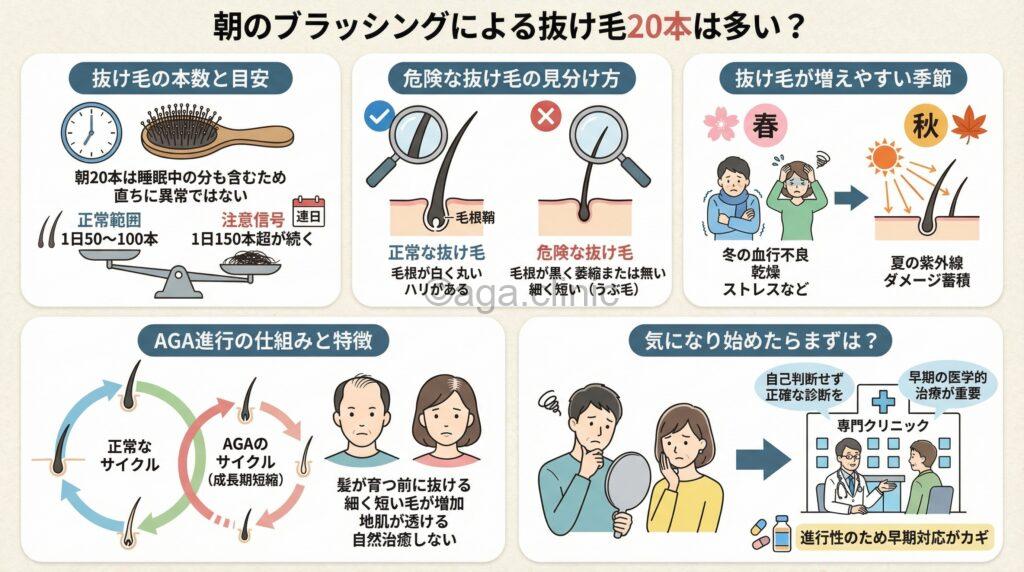 「朝、髪の毛のブラッシングによる抜け毛の本数が20本だと多い？」というタイトル記事を要約した当サイトのオリジナル解説イラスト