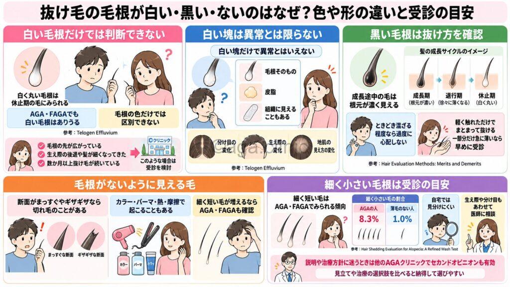 「抜け毛の毛根が白い・黒い・ないのはなぜ?色や形の違いと受診の目安」というタイトル記事を要約した当サイトのオリジナル解説イラスト