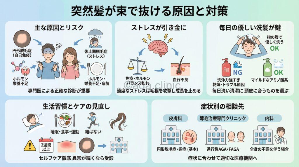 「急に髪の毛の抜け毛が束で抜ける…主な原因と対策方法を徹底解説」というタイトル記事を要約した当サイトのオリジナル解説イラスト