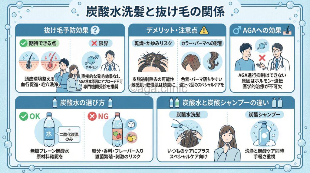 「炭酸水で洗髪すると抜け毛が減る？メリット＆デメリット４点と解決法」というタイトル記事を要約した当サイトのオリジナル解説イラスト