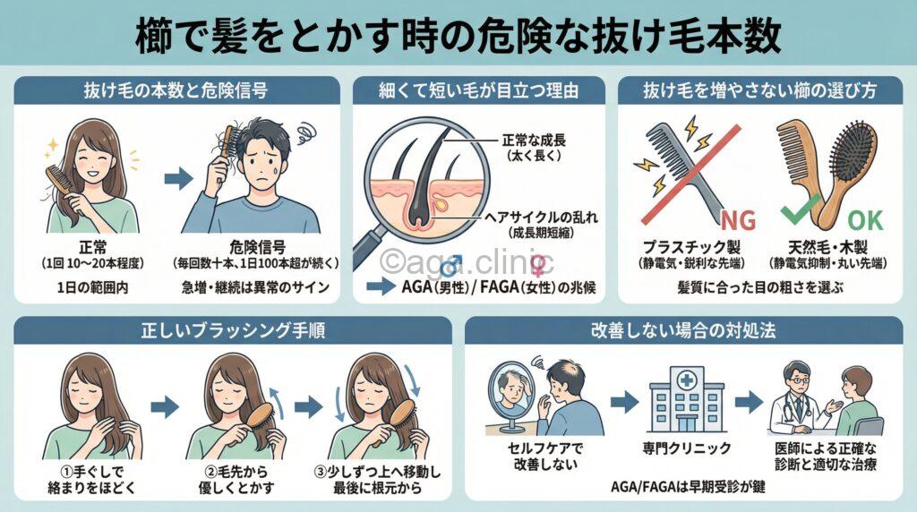 「櫛(くし)で髪をとかすと抜け毛がすごい…原因と対策方法を解説」というタイトル記事を要約した当サイトのオリジナル解説イラスト
