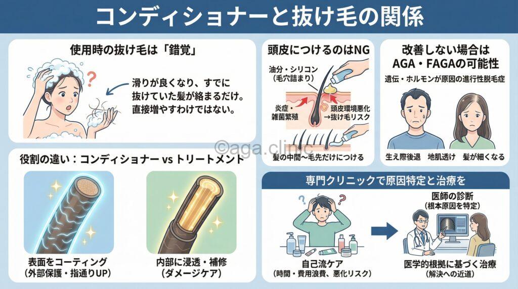「コンディショナーすると抜け毛が多くなる原因とは？AGAサインかも」というタイトル記事を要約した当サイトのオリジナル解説イラスト