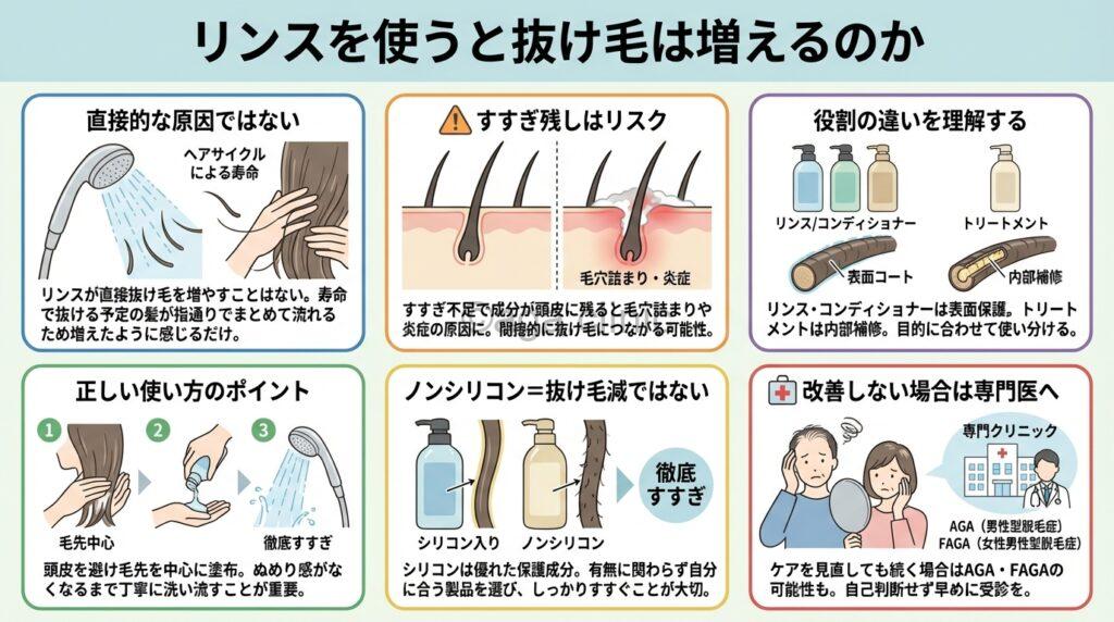 「リンスするのとしないのでは抜け毛の本数は違う?頭皮に悪いのか解説」というタイトル記事を要約した当サイトのオリジナル解説イラスト