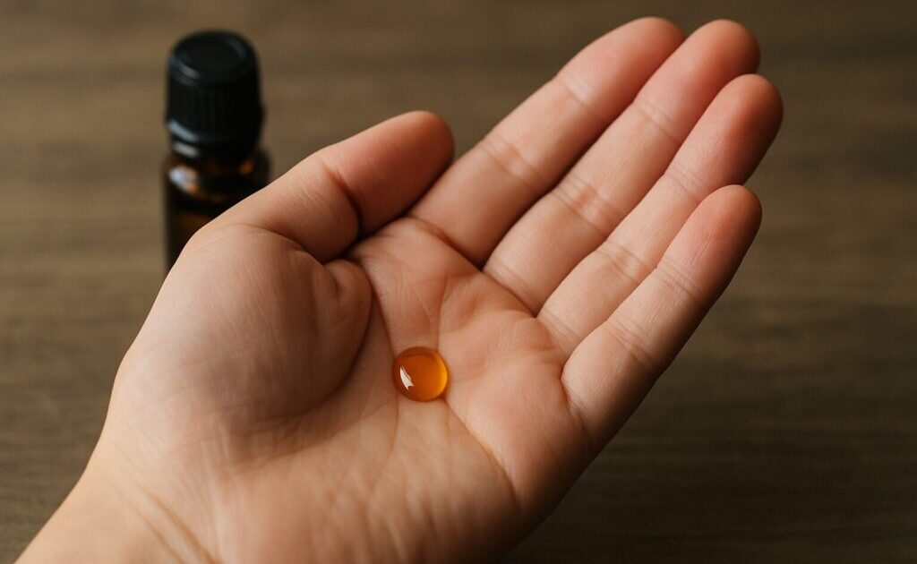 エッセンシャルオイルが1滴手の平に乗っている様子