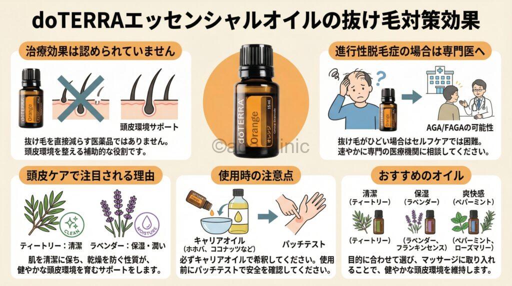 「doTERRA（ドテラ）のエッセンシャルオイルで抜け毛を減らせる？」というタイトル記事を要約した当サイトのオリジナル解説イラスト
