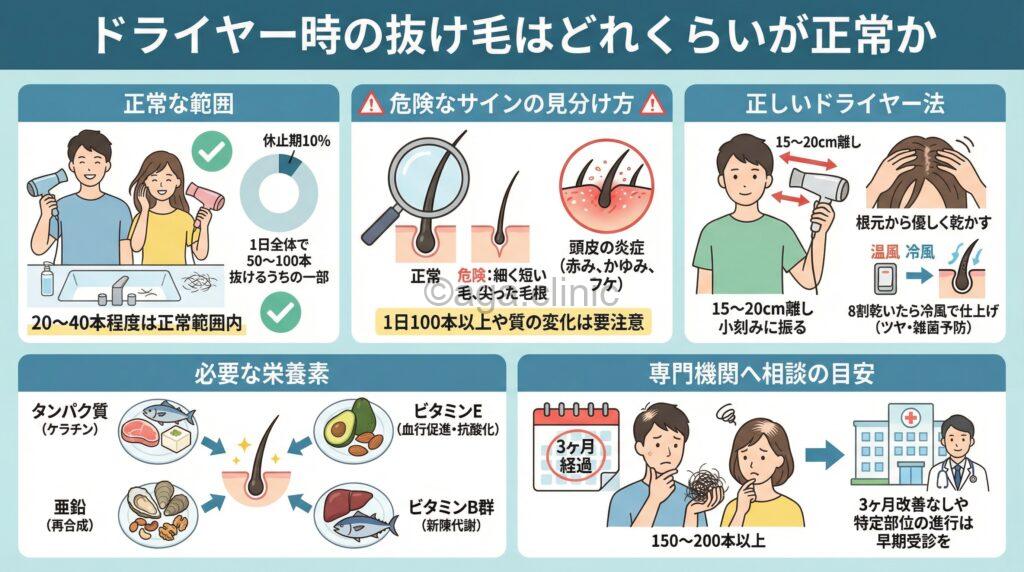 「ドライヤー時の抜け毛がやばい…平均本数は30本や50本?7つの原因と改善策」というタイトル記事を要約した当サイトのオリジナル解説イラスト