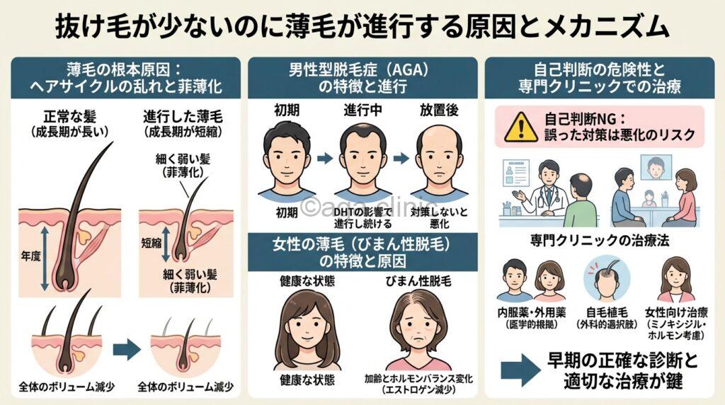 「抜け毛が少ないのに薄毛になってきている理由と解決策を徹底解説」というタイトル記事を要約した当サイトのオリジナル解説イラスト