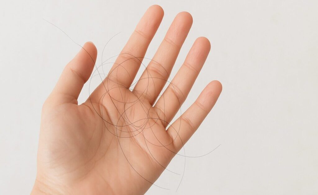 手ぐしをした手に10本ほどの抜け毛がついている様子