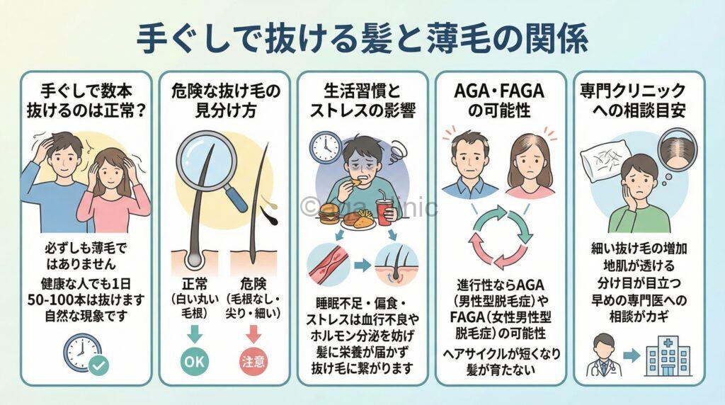 「手ぐしすると抜け毛がひどい…1回で5〜10本は大丈夫な本数?」というタイトル記事を要約した当サイトのオリジナル解説イラスト