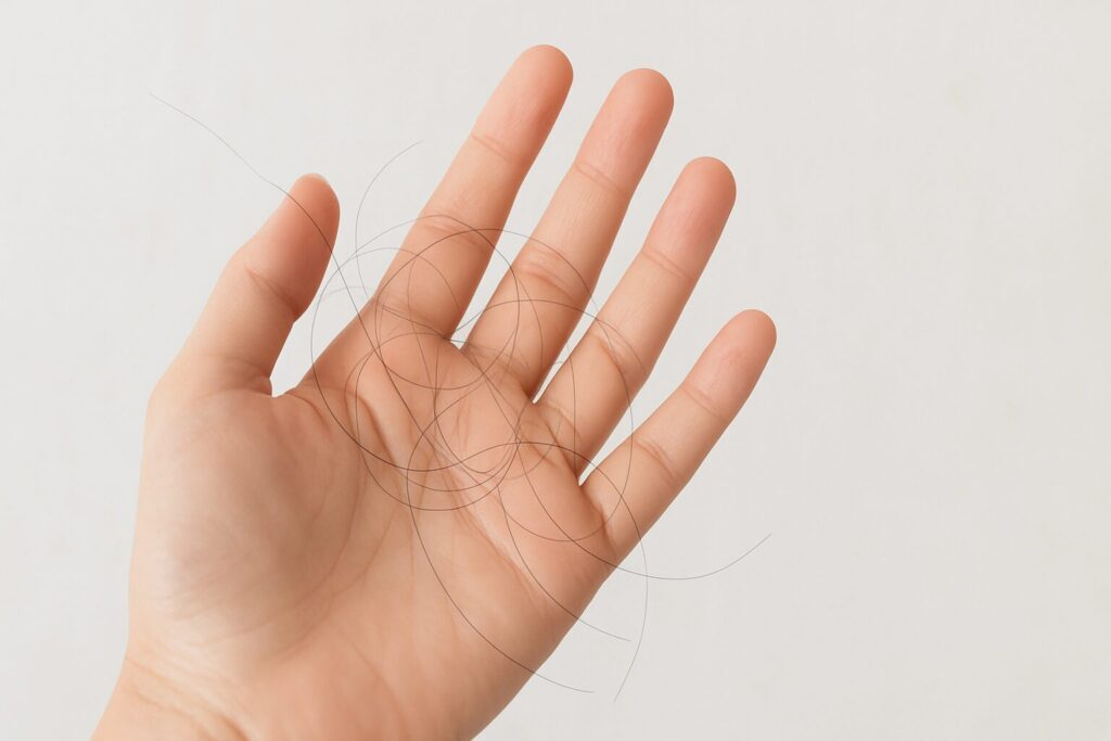 手ぐしをした手に10本ほどの抜け毛がついている様子