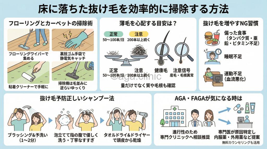 「部屋の床が抜け毛だらけ…薄毛の前兆?掃除方法&対策方法を解説」というタイトル記事を要約した当サイトのオリジナル解説イラスト