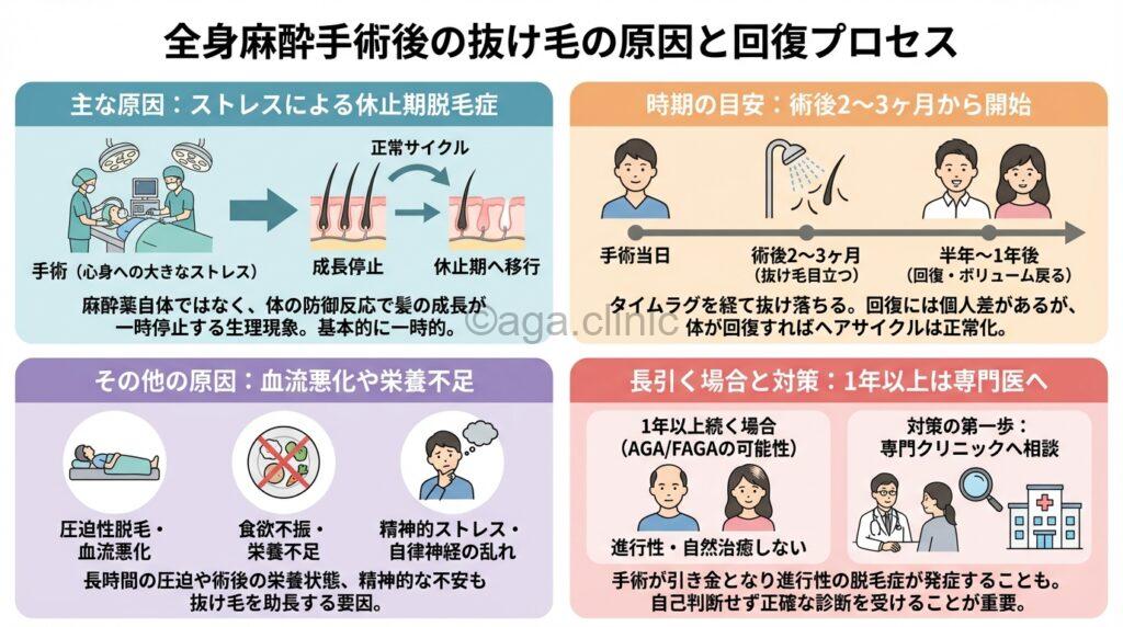 「全身麻酔による術後の抜け毛が目立つのはなぜ?続く場合の対策」というタイトル記事を要約した当サイトのオリジナル解説イラスト