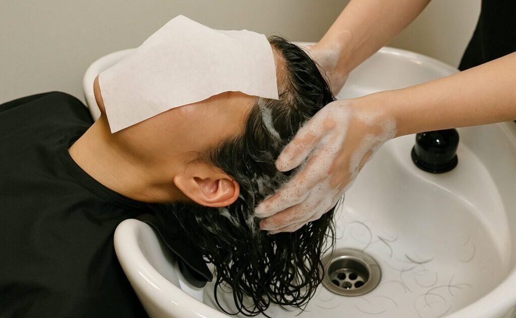 美容室でシャンプーしてもらっている様子（抜け毛が落ちている）