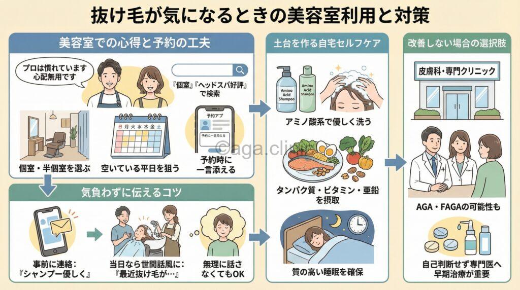「抜け毛で美容室に行きずらい…シャンプーで恥ずかしい想いをしない方法」というタイトル記事を要約した当サイトのオリジナル解説イラスト