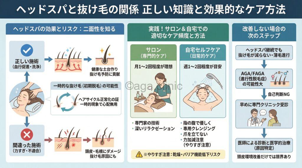 「ヘッドスパすると抜け毛が増える?減る?AGA・FAGAとの見極め方」というタイトル記事を要約した当サイトのオリジナル解説イラスト