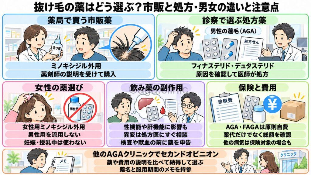 「抜け毛の薬はどう選ぶ？市販と処方・男女の違いと注意点を解説」というタイトル記事を要約した当サイトのオリジナル解説イラスト