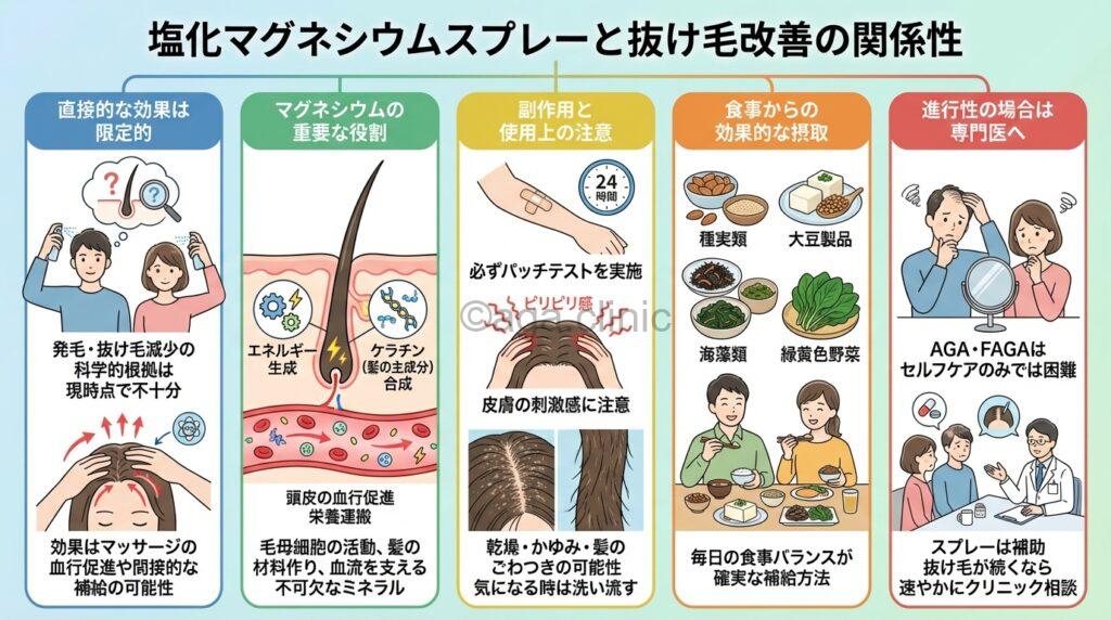 「塩化マグネシウムオイルスプレーをすると抜け毛は減る？正しい知識」というタイトル記事を要約した当サイトのオリジナル解説イラスト