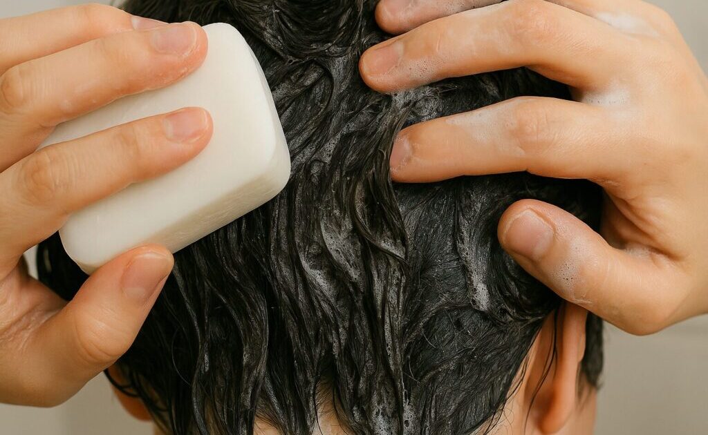固形石鹸で髪の毛を洗っている様子