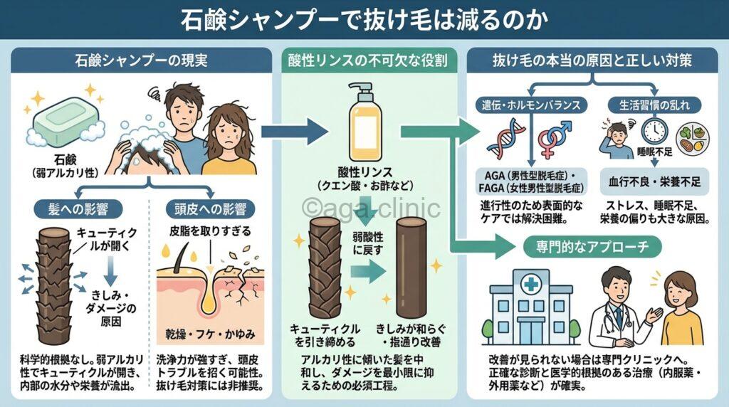 「牛乳石鹸の赤箱または青箱でシャンプーすると抜け毛は減る？」というタイトル記事を要約した当サイトのオリジナル解説イラスト