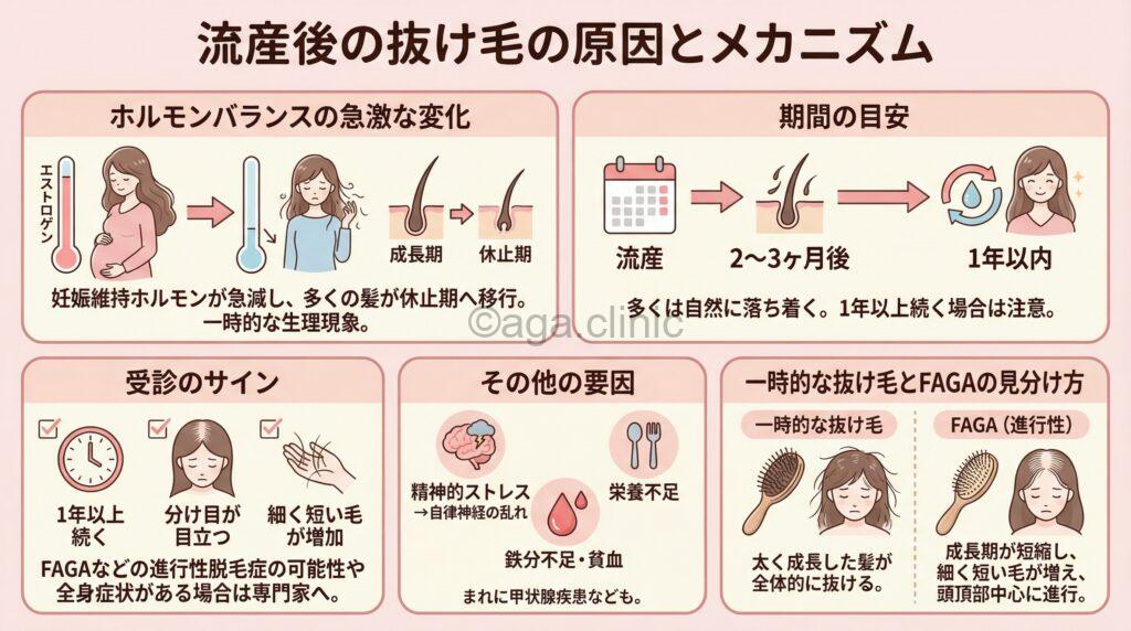 「流産後の抜け毛はいつまで続く？原因と対策、FAGAの可能性も解説」というタイトル記事を要約した当サイトのオリジナル解説イラスト
