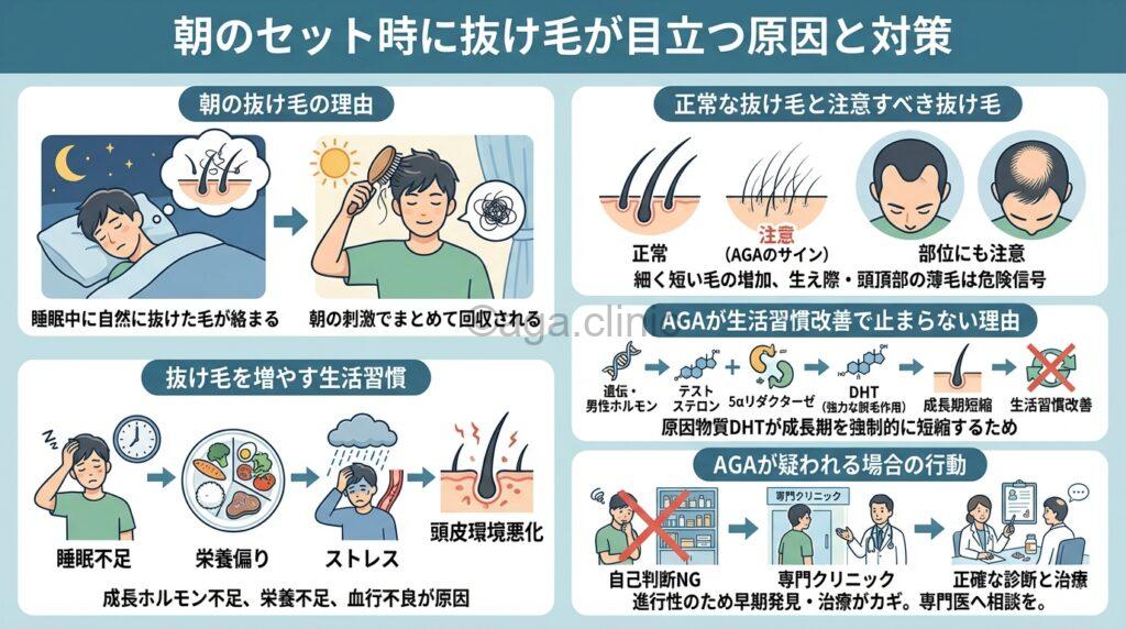 「朝の髪をセットする時の抜け毛がやばい…正常な抜け毛とAGAの違い」というタイトル記事を要約した当サイトのオリジナル解説イラスト