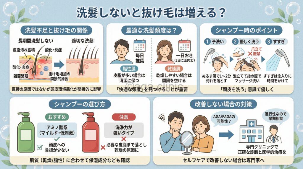 「洗髪しないと抜け毛は増える？毎日と２日に１回どちらが良いか解説」というタイトル記事を要約した当サイトのオリジナル解説イラスト