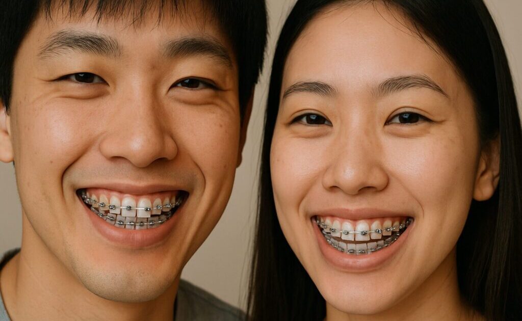 歯列矯正している男性と女性