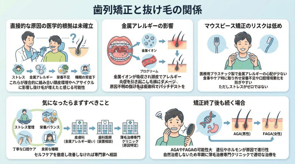 「歯列矯正で抜け毛が増える？金属アレルギーや虫歯との因果関係」というタイトル記事を要約した当サイトのオリジナル解説イラスト